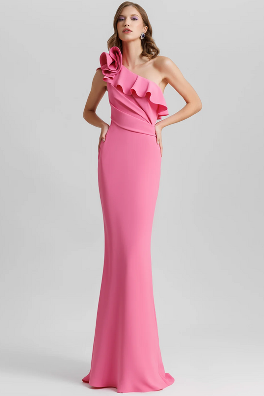 One-Shoulder Ruffled Neckline Candy Pink Dress