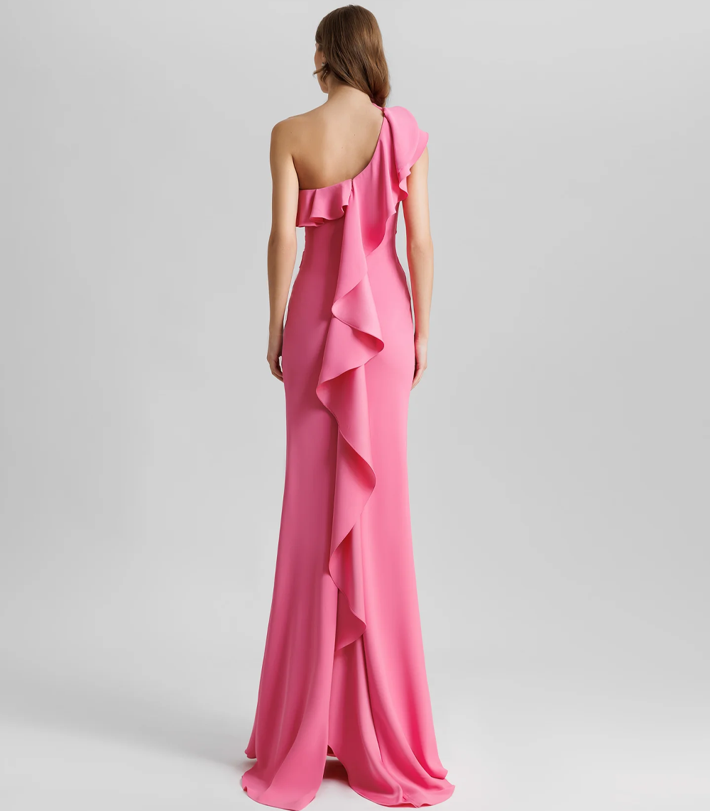 One-Shoulder Ruffled Neckline Candy Pink Dress