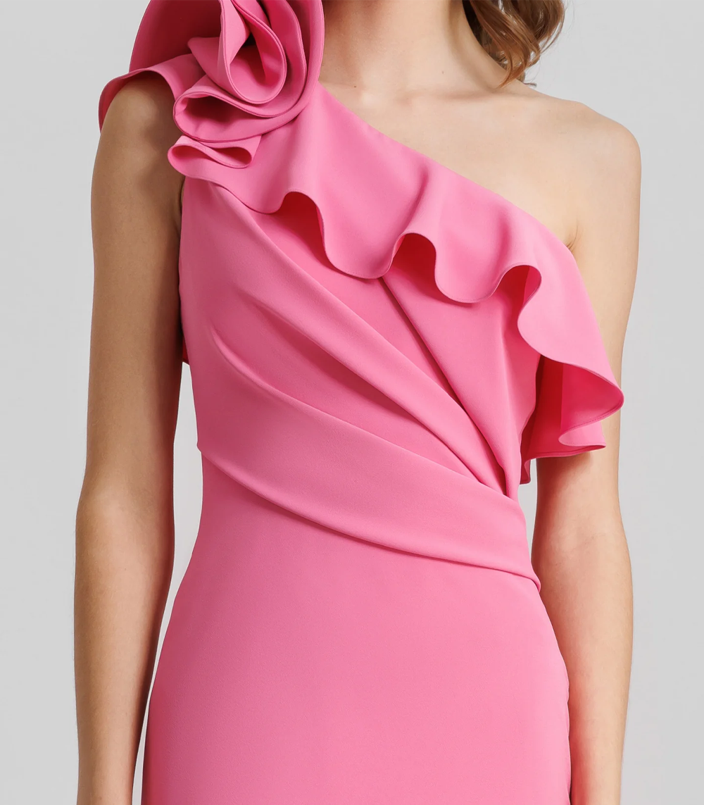 One-Shoulder Ruffled Neckline Candy Pink Dress