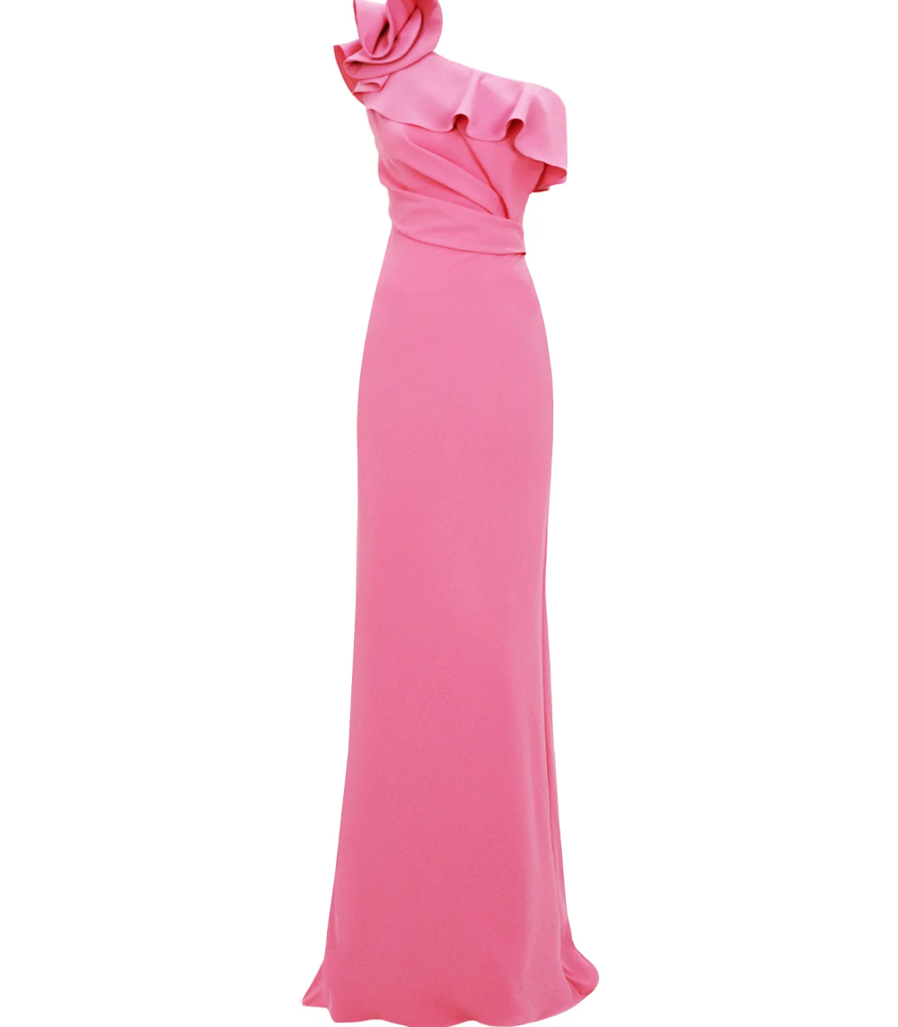 One-Shoulder Ruffled Neckline Candy Pink Dress