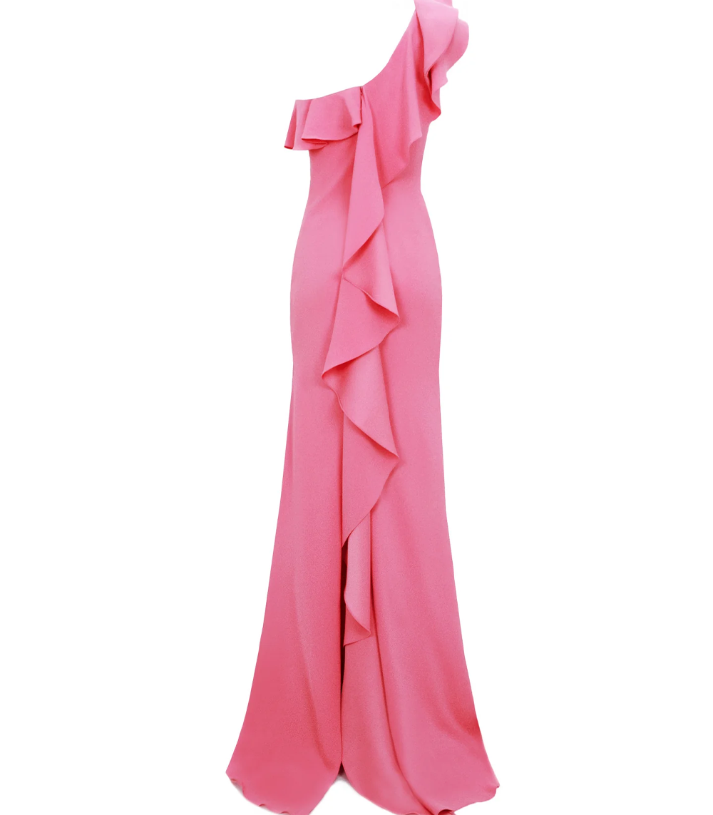 One-Shoulder Ruffled Neckline Candy Pink Dress