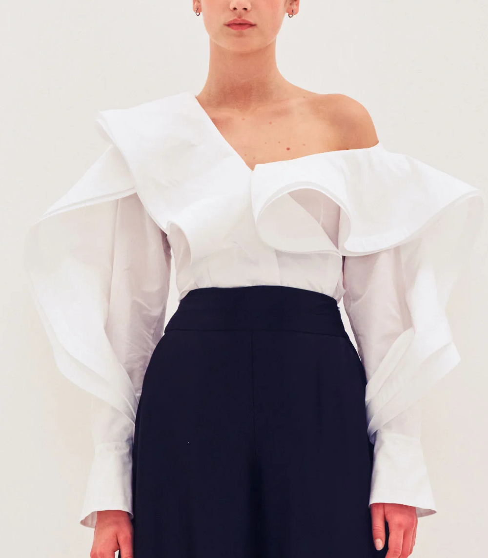 Sculptural Off the Shoulder Flounced Taffeta Shirt