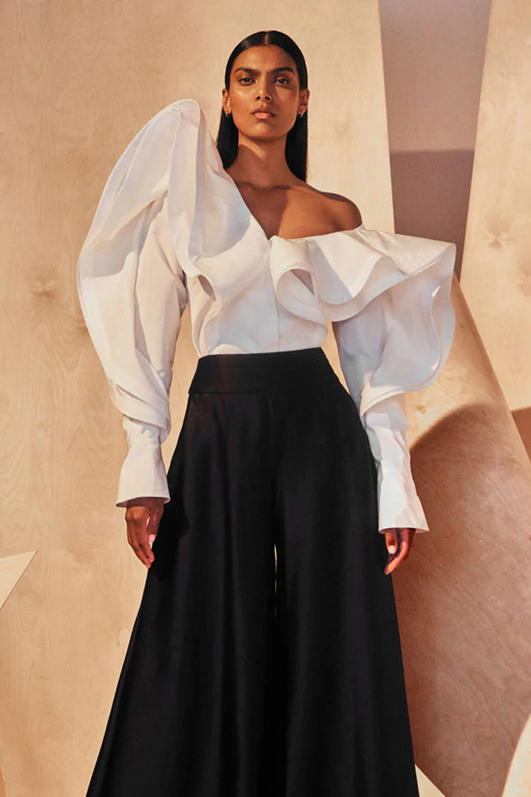 Sculptural Off the Shoulder Flounced Taffeta Shirt