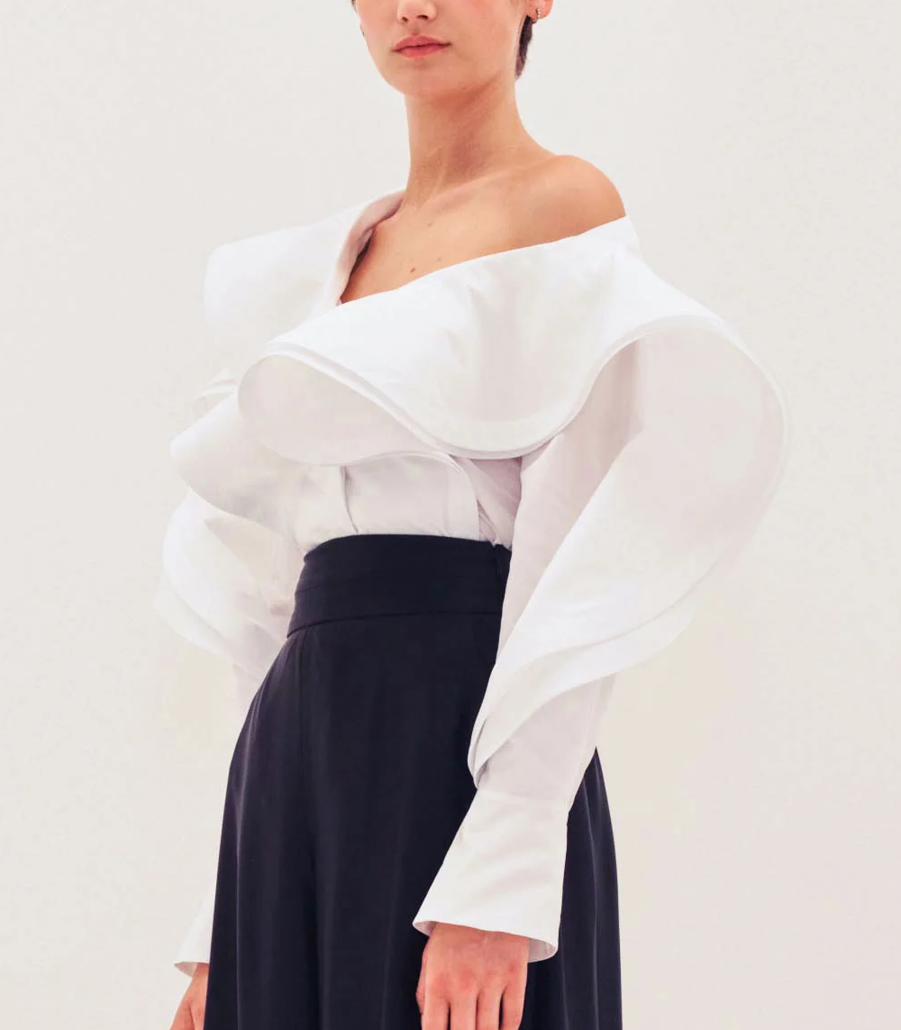 Sculptural Off the Shoulder Flounced Taffeta Shirt