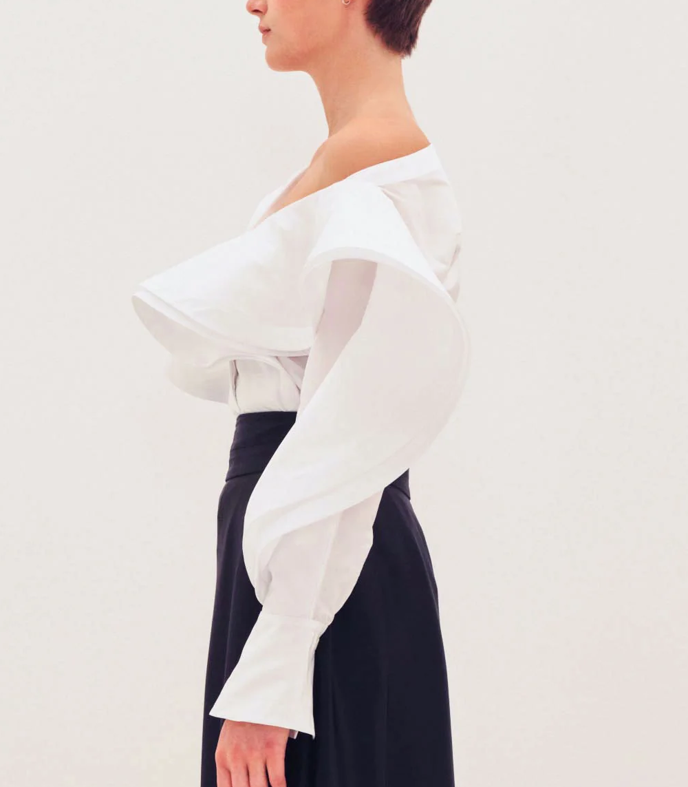 Sculptural Off the Shoulder Flounced Taffeta Shirt