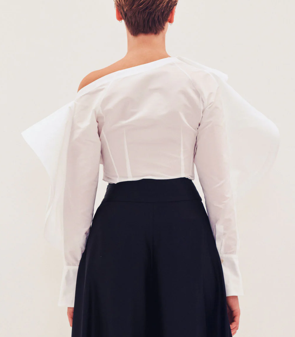 Sculptural Off the Shoulder Flounced Taffeta Shirt