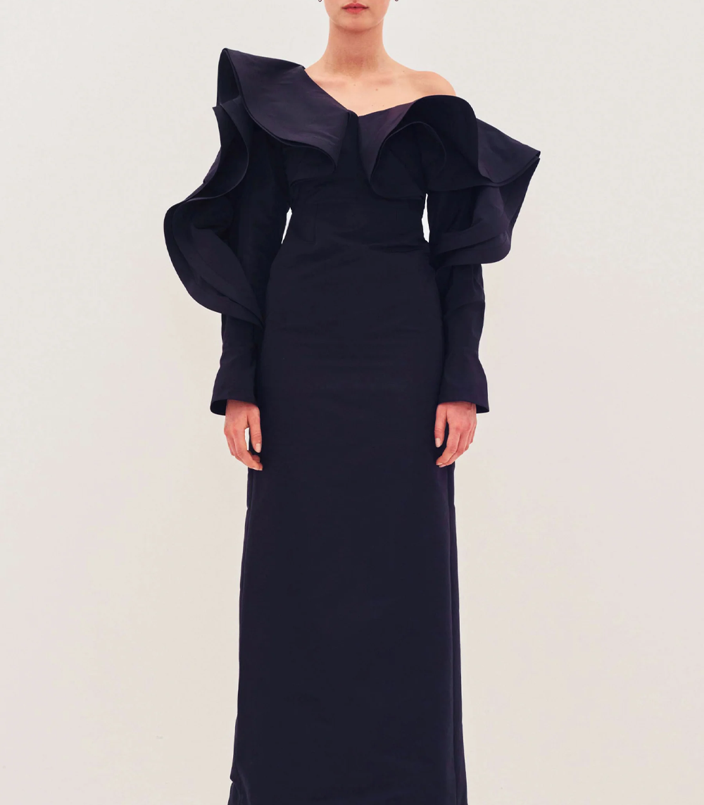 Sculptural Off the Shoulder Flounced Taffeta Dress