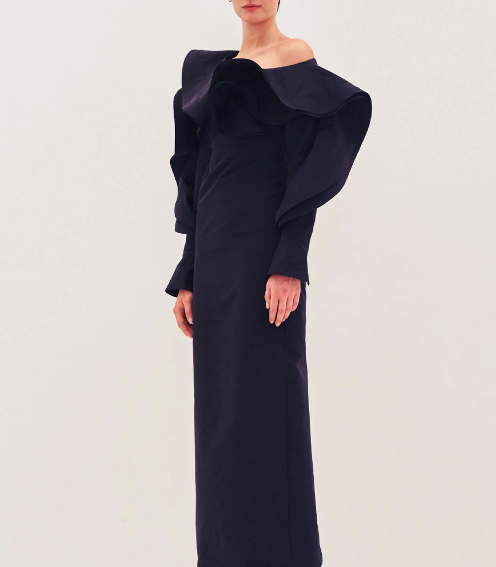 Sculptural Off the Shoulder Flounced Taffeta Dress