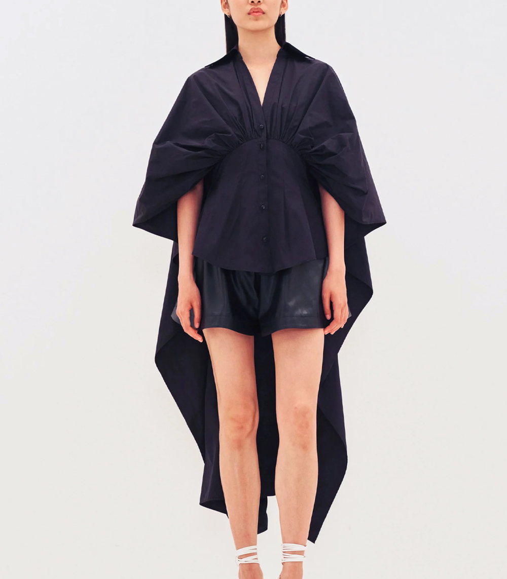 Gathered Waist Cape Back Taffeta Shirt