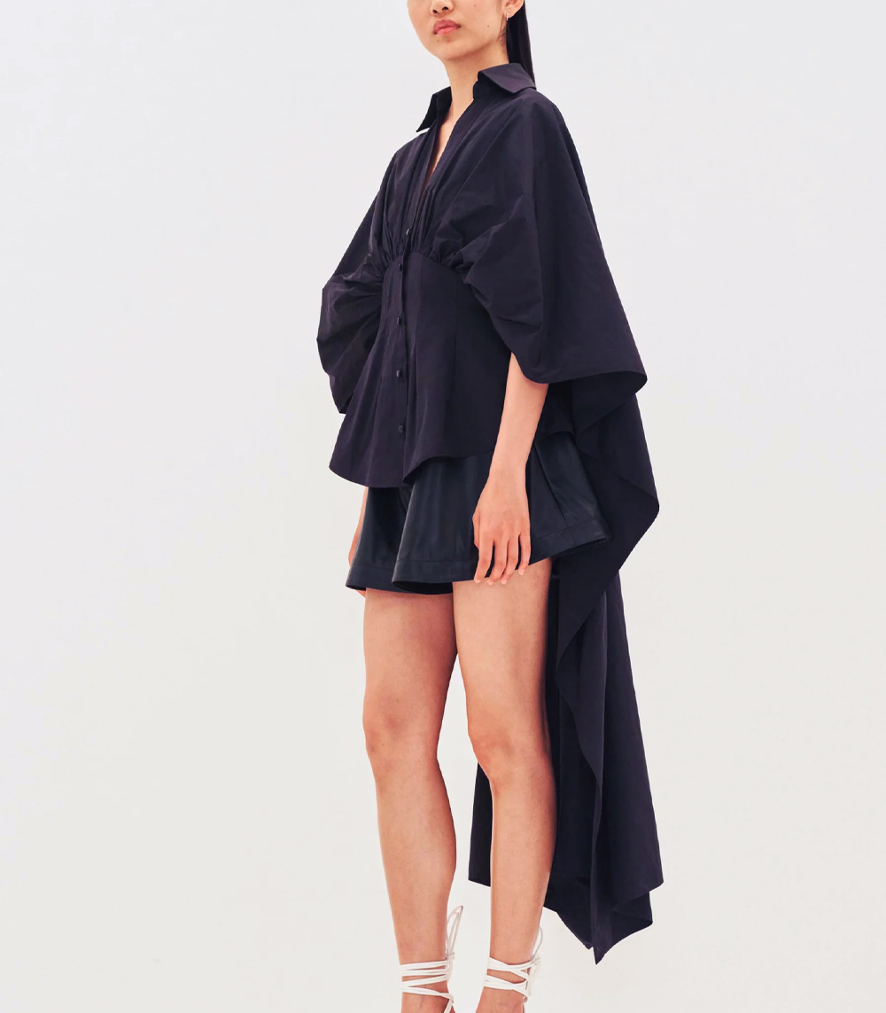 Gathered Waist Cape Back Taffeta Shirt