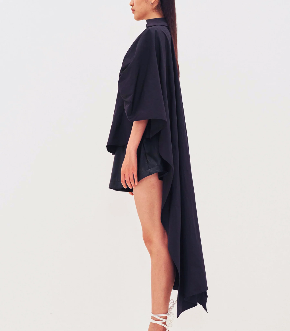 Gathered Waist Cape Back Taffeta Shirt