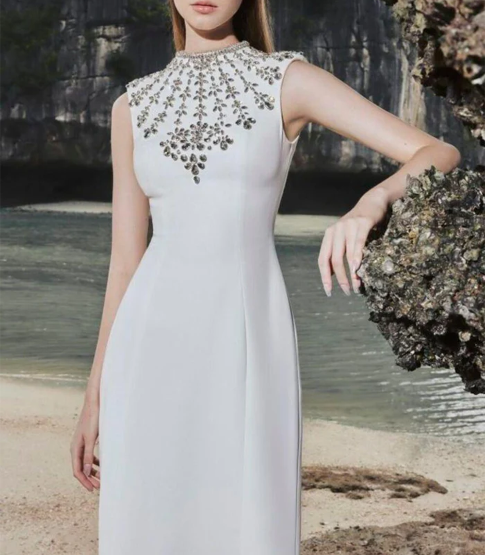 SLEEVELESS BODYCON FULL DRESS WITH STONE EMBELLISHMENT