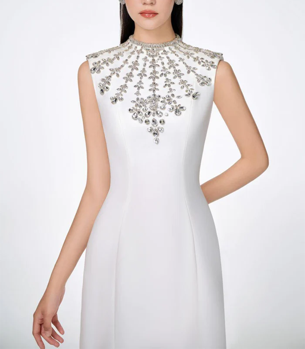 SLEEVELESS BODYCON FULL DRESS WITH STONE EMBELLISHMENT