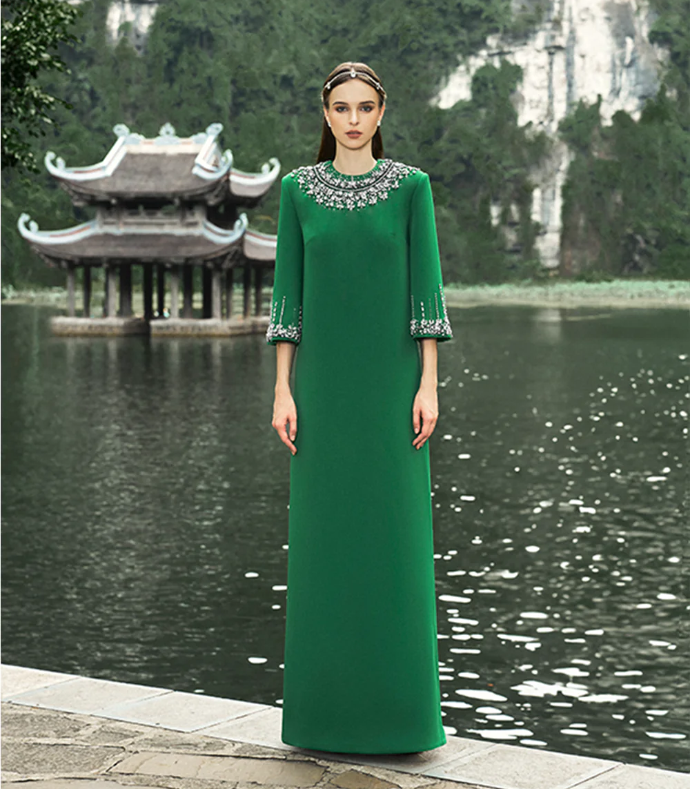 MIDDLE SLEEVE STONE EMBELLISHED DRESS