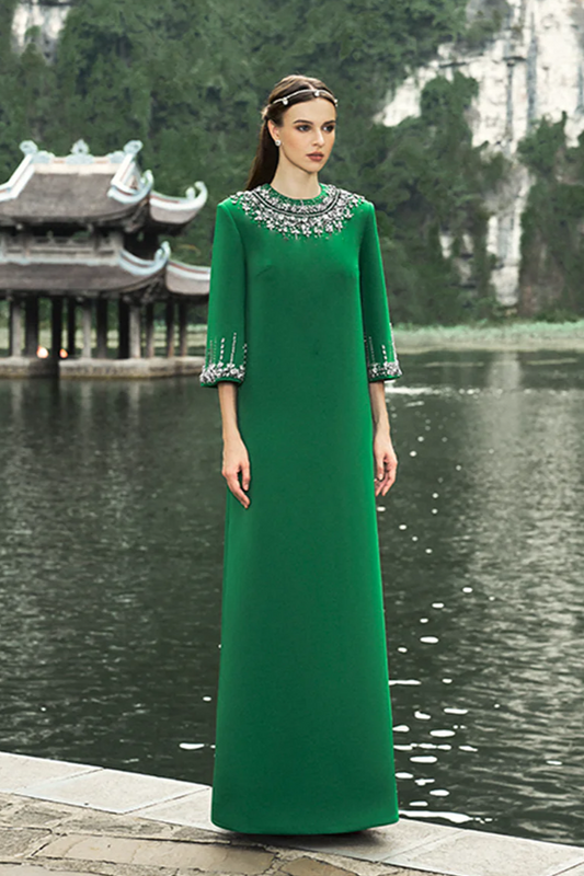 MIDDLE SLEEVE STONE EMBELLISHED DRESS