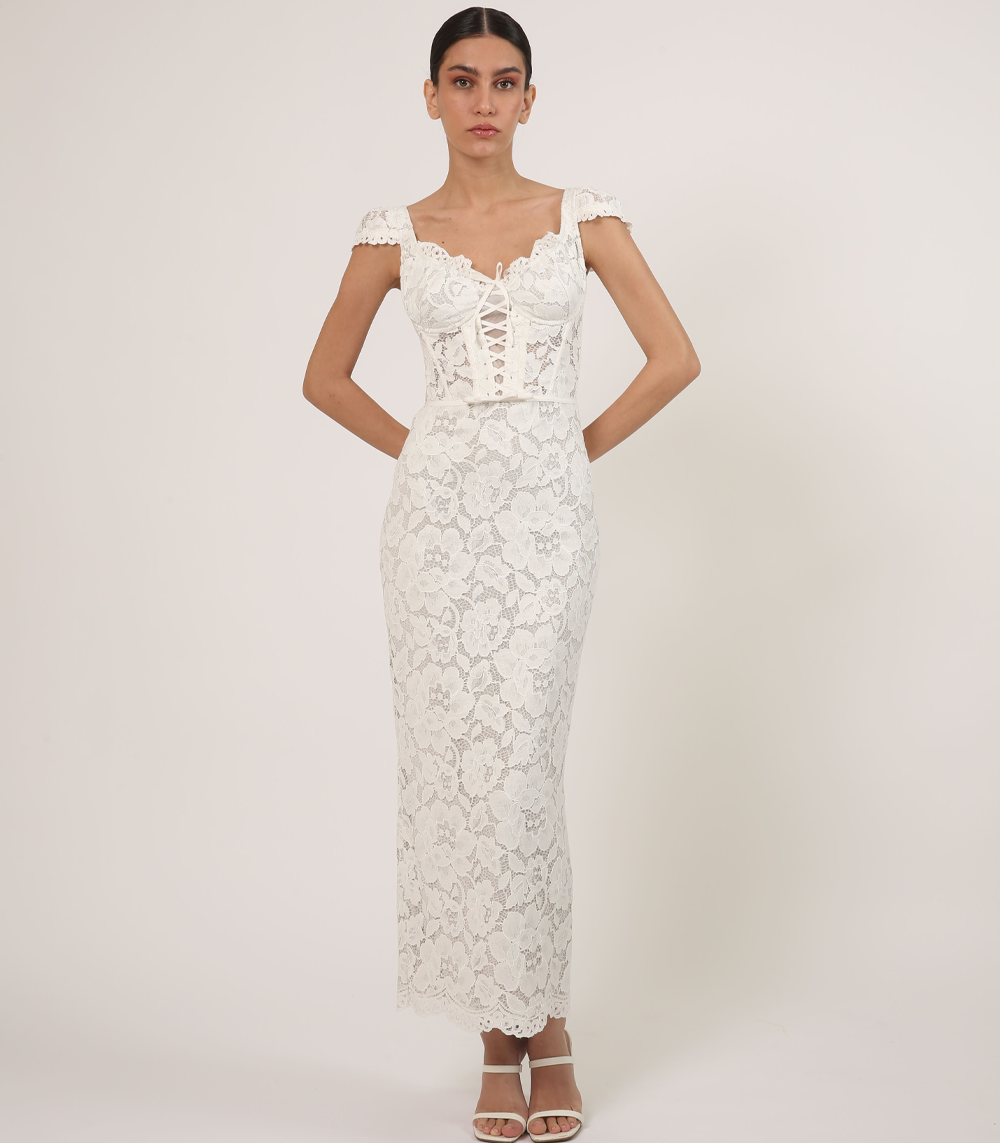 WHITE SWEATHEART NECKLINE DANTELLE MIDI DRESS