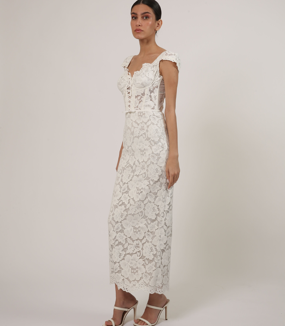 WHITE SWEATHEART NECKLINE DANTELLE MIDI DRESS