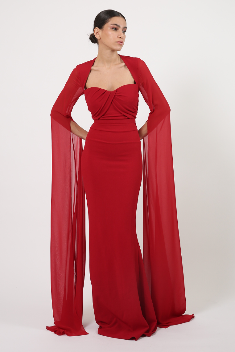 SWEATHEART NECKLINE GOWN WITH LONG MUSLIN SLEAVES