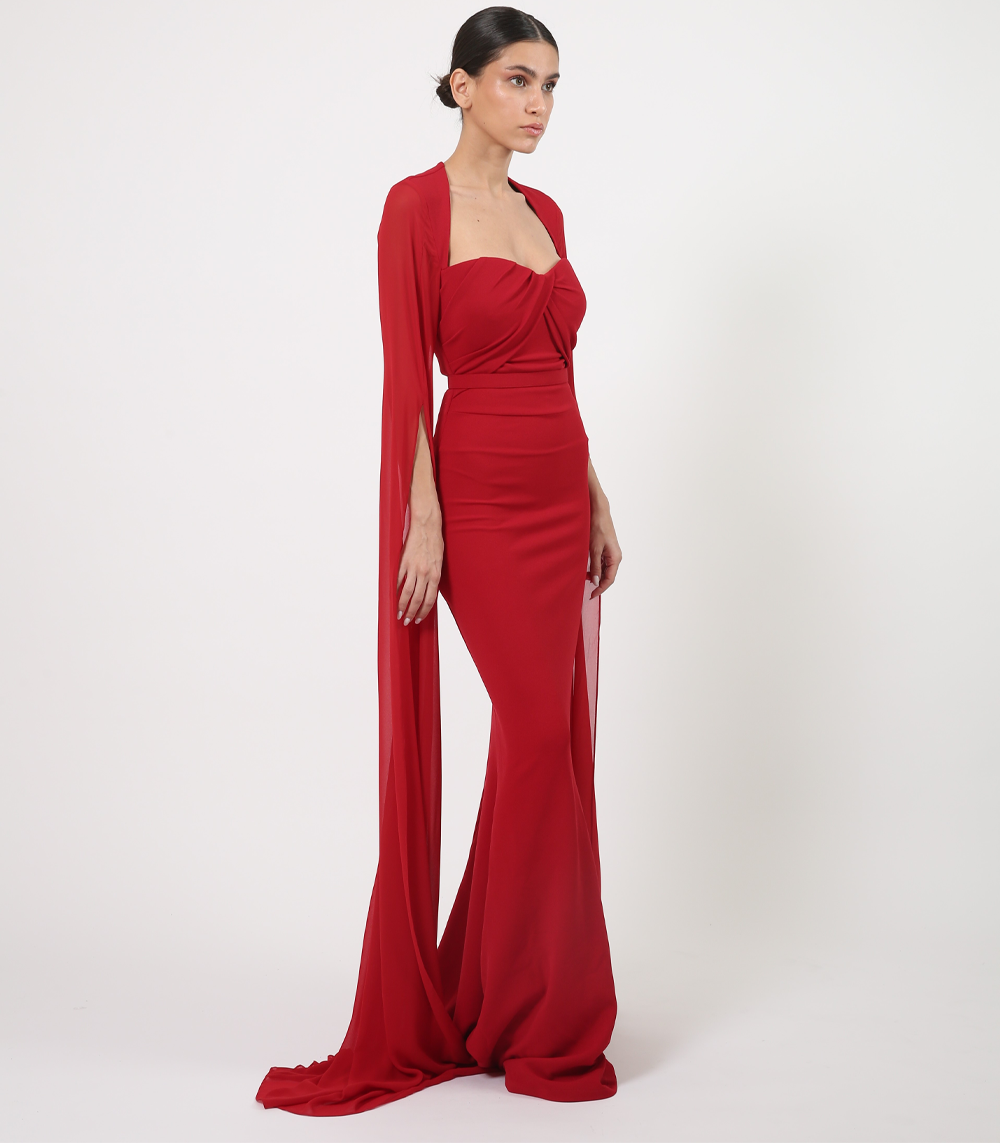 SWEATHEART NECKLINE GOWN WITH LONG MUSLIN SLEAVES